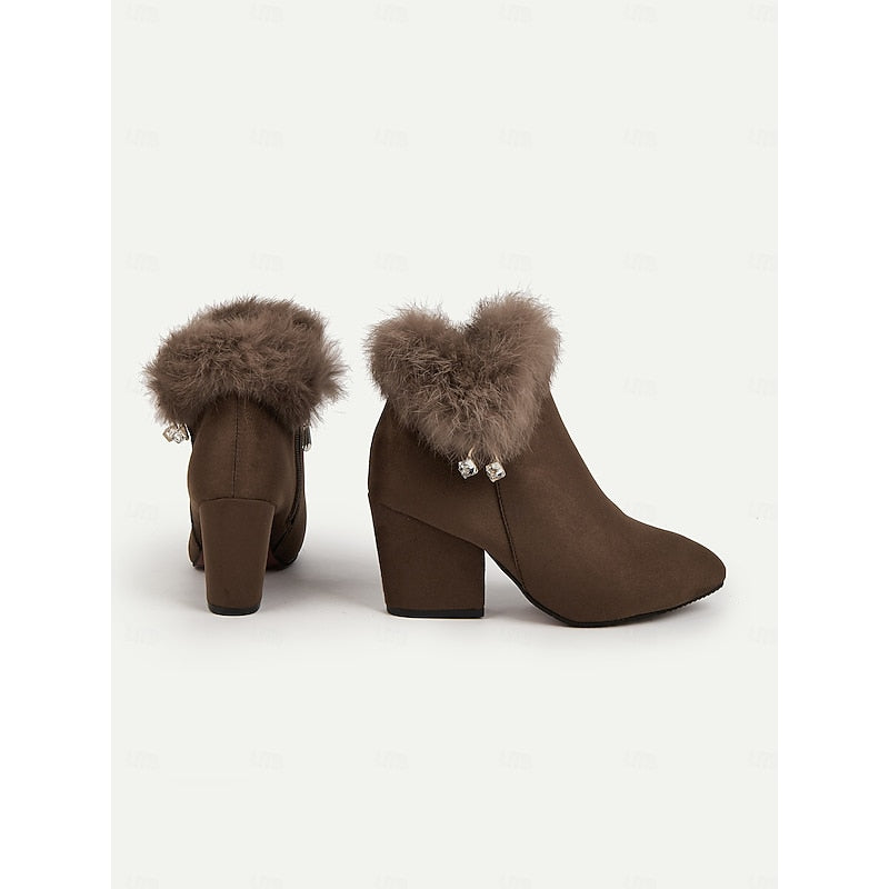 Fur-Trimmed Block Heel Ankle Boots for Women - Stylish Winter Footwear