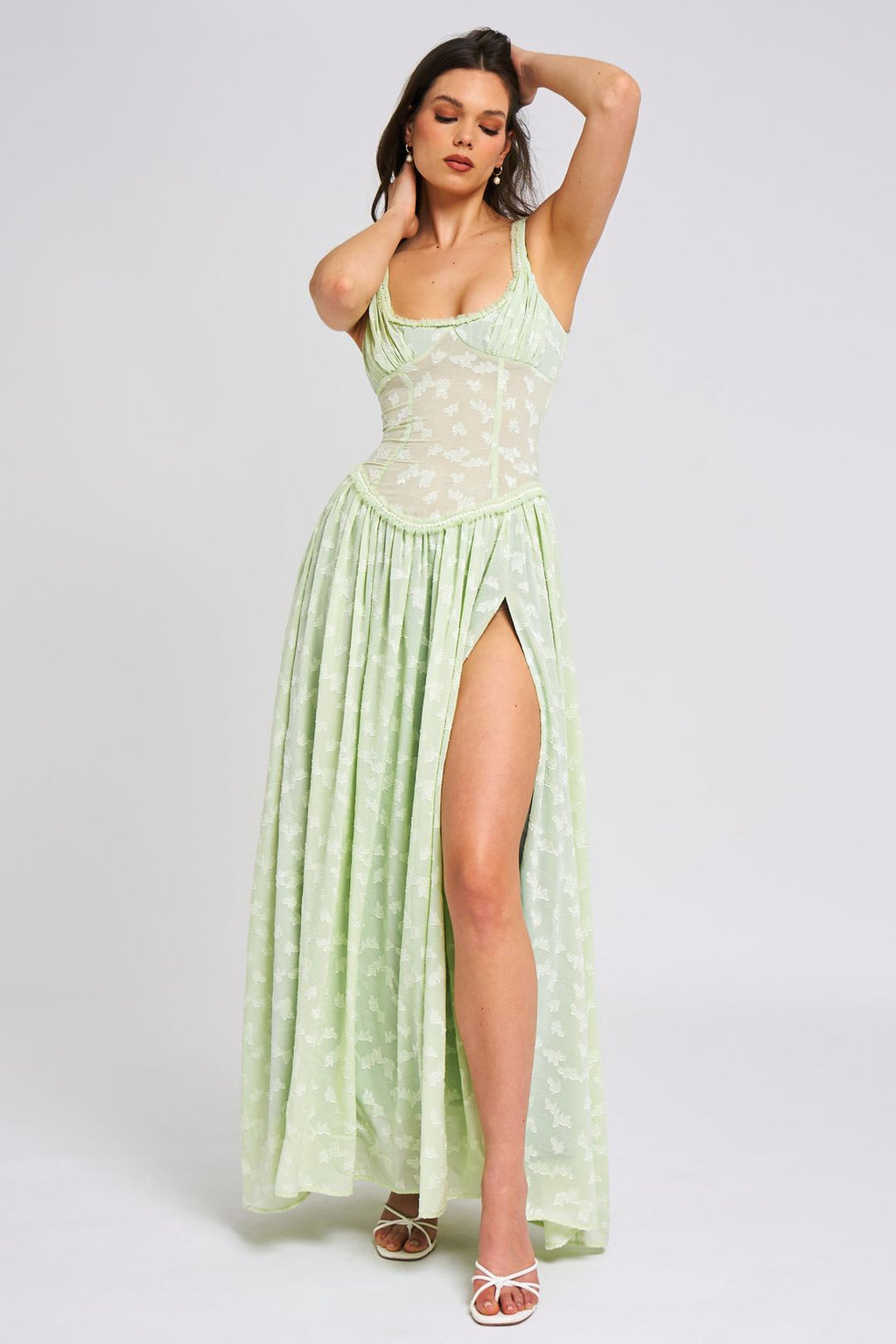 Floral Maxi Dress with High Slit - Ruched Design for Special Occasions