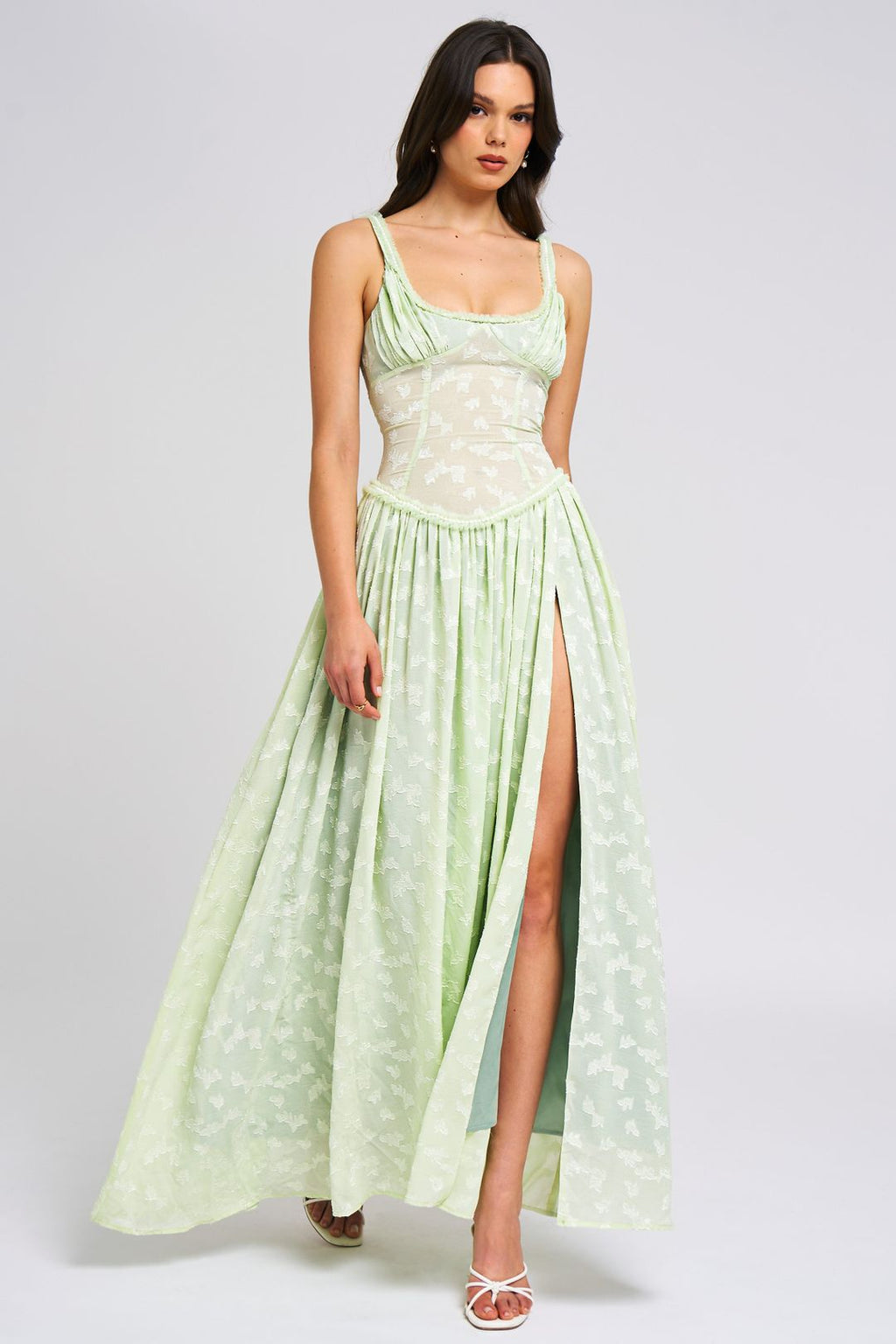 Floral Maxi Dress with High Slit - Ruched Design for Special Occasions