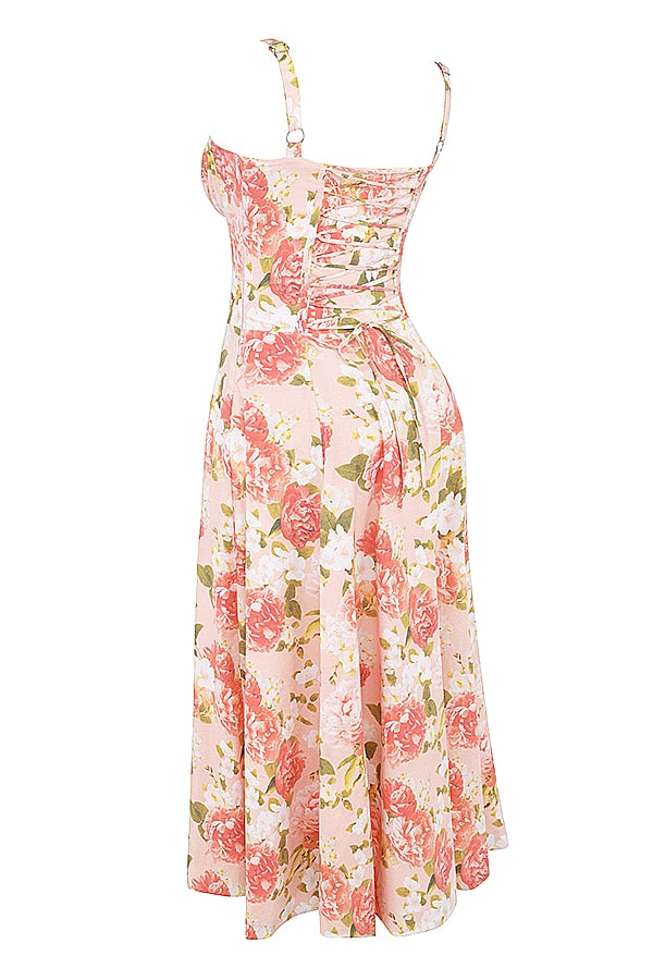 Pink Peony Lace-Up Midi Dress Women UK – Garden Party, Date Night Casual