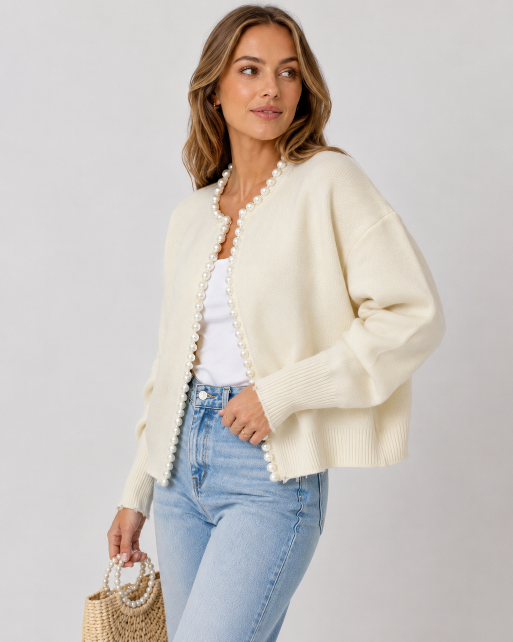 Chilly Evening Out – Soft Open Cardigan with Pearl Trim