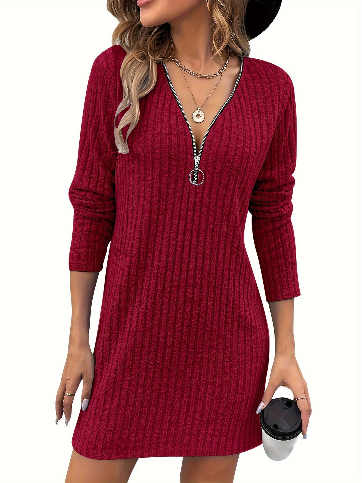 Ribbed Zip-Neck Dress for Women - Casual Knit Fashion in Comfortable Fit
