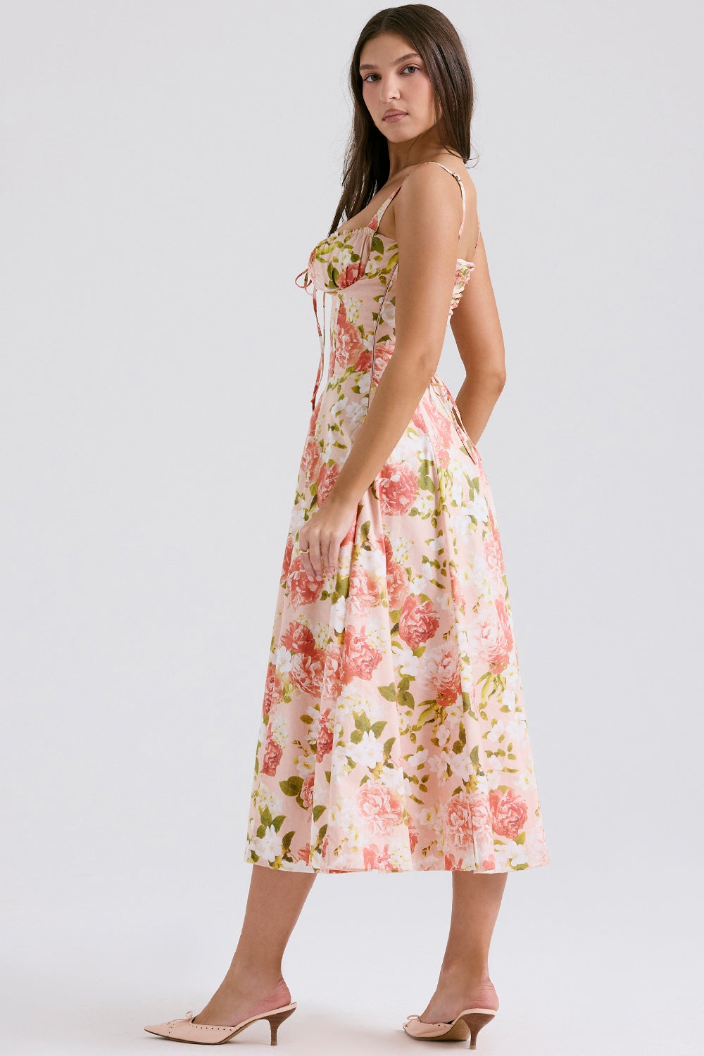 Pink Peony Lace-Up Midi Dress Women UK – Garden Party, Date Night Casual