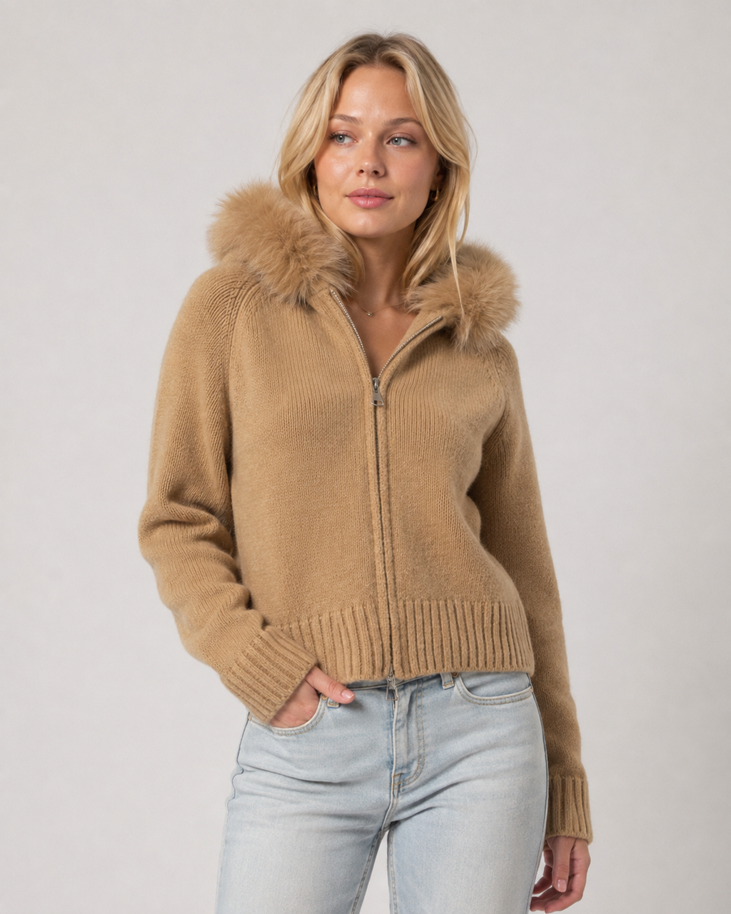 Chilly Days Ahead – Soft Knit Zip Cardigan with Faux Fur Collar