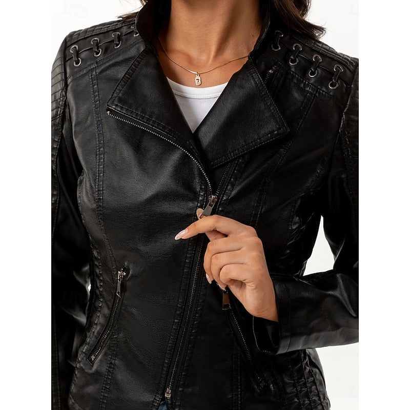 Sleek Faux Leather Biker Jacket for Women - Stylish Casual Outerwear