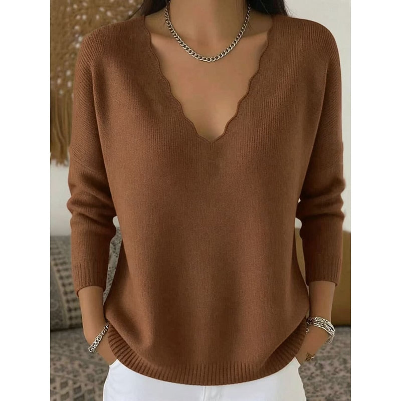 Scalloped V-Neck Halloween Pullover Sweater for Women, Cozy Casual Style