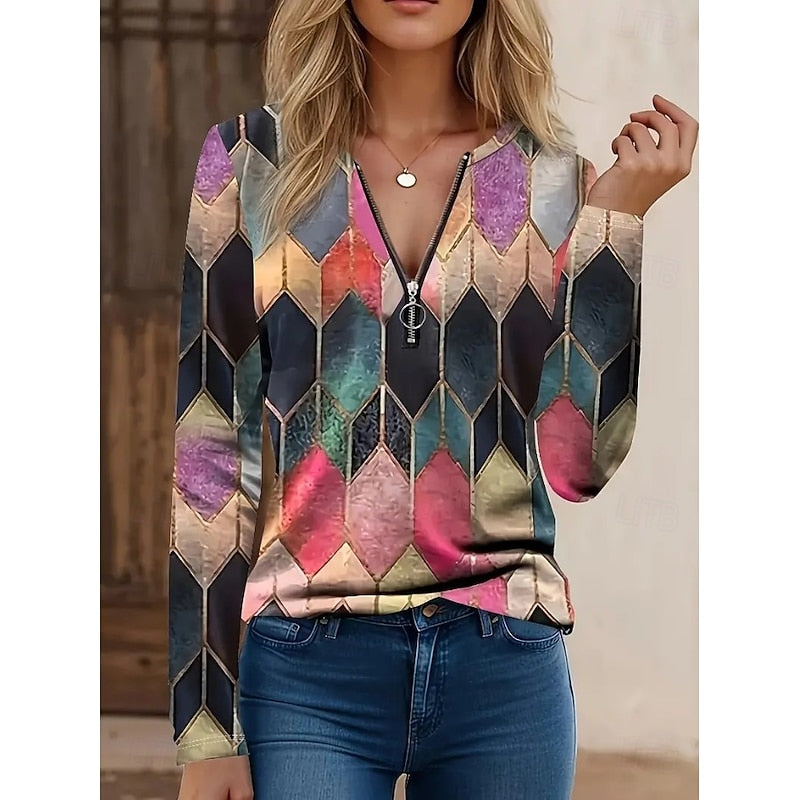 Floral Quarter-Zip Long Sleeve Top - Women's Casual Wear
