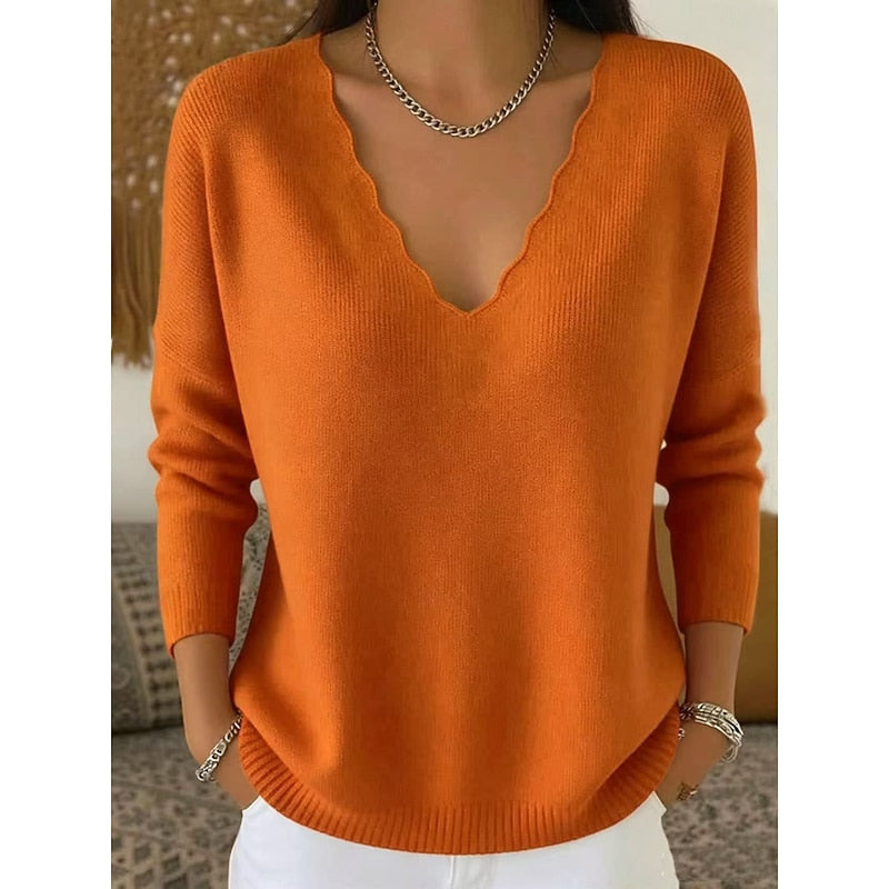 Scalloped V-Neck Halloween Pullover Sweater for Women, Cozy Casual Style