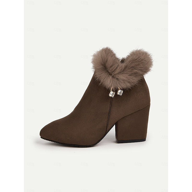Fur-Trimmed Block Heel Ankle Boots for Women - Stylish Winter Footwear