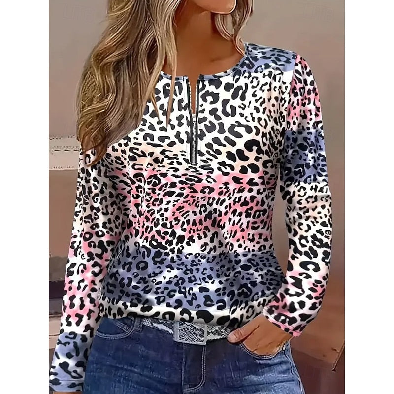 Floral Quarter-Zip Long Sleeve Top - Women's Casual Wear