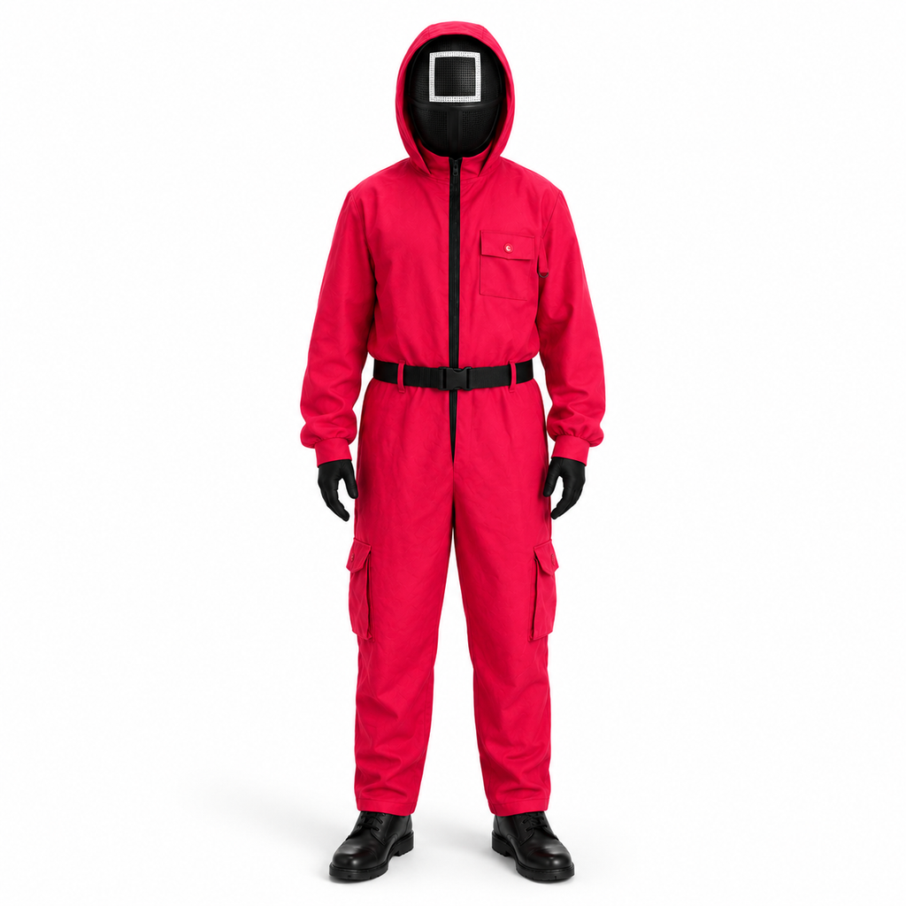 Red Hooded Jumpsuit Costume with Belt for Halloween Cosplay Dress-Up