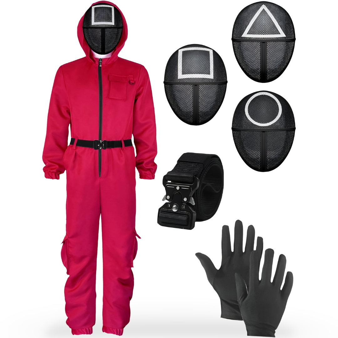 Red Hooded Jumpsuit Costume with Belt for Halloween Cosplay Dress-Up