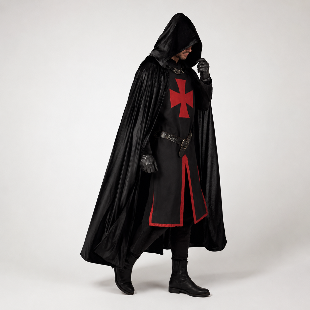 Medieval Knight Costume Tunic with Hood and Templar Cross for Halloween Cosplay