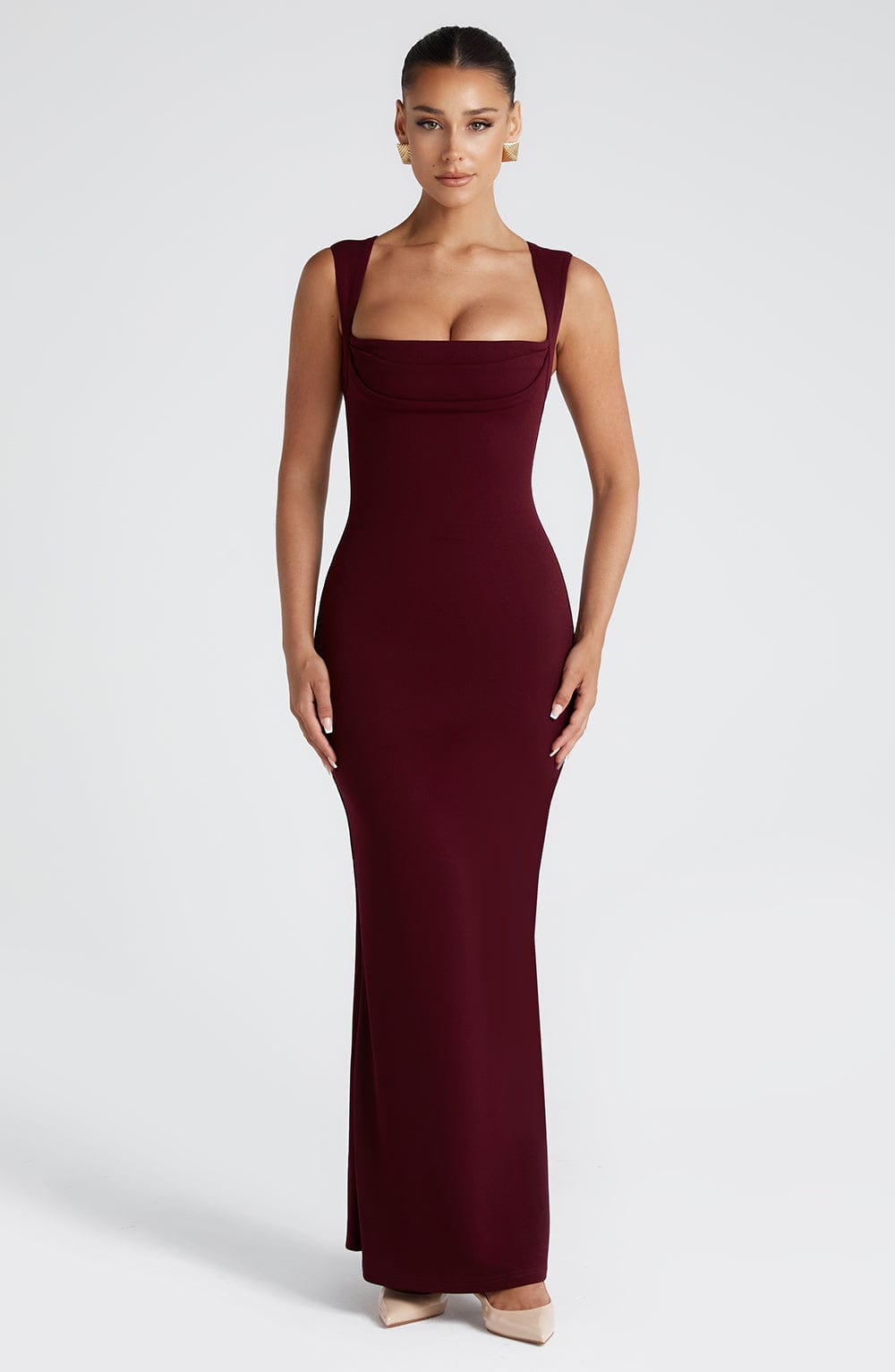 Burgundy Sculpting Maxi Dress Women UK – Evening Gown, Formal Occasion