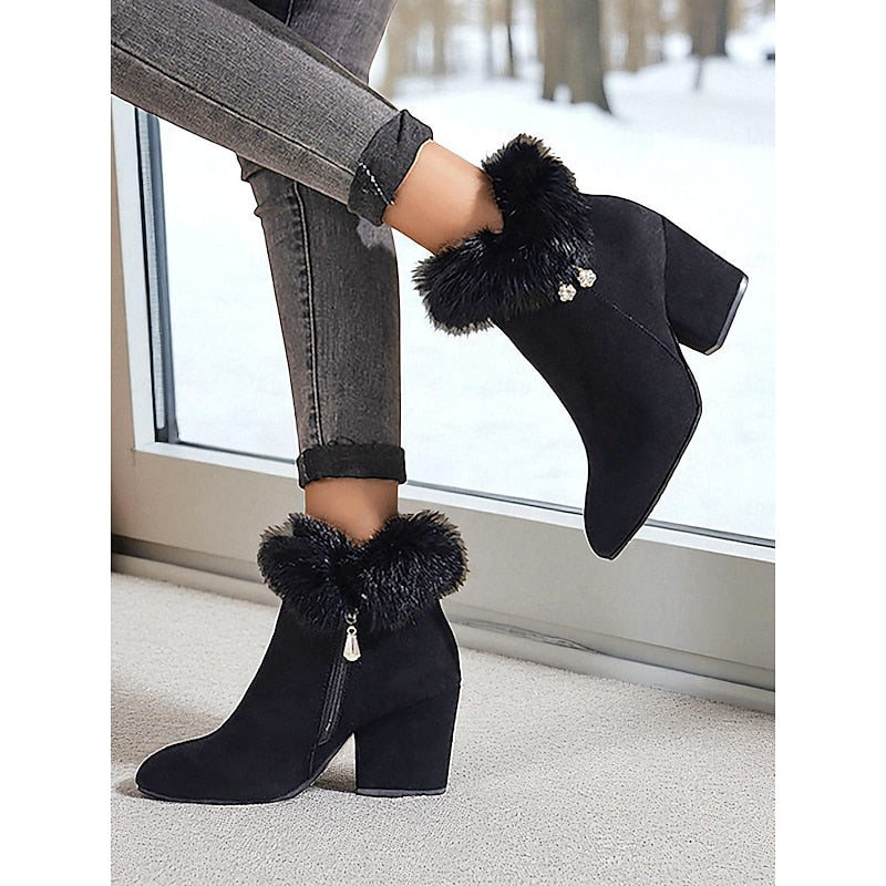 Fur-Trimmed Block Heel Ankle Boots for Women - Stylish Winter Footwear