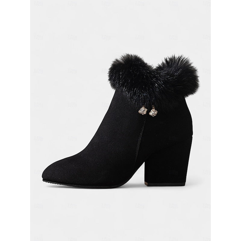 Fur-Trimmed Block Heel Ankle Boots for Women - Stylish Winter Footwear