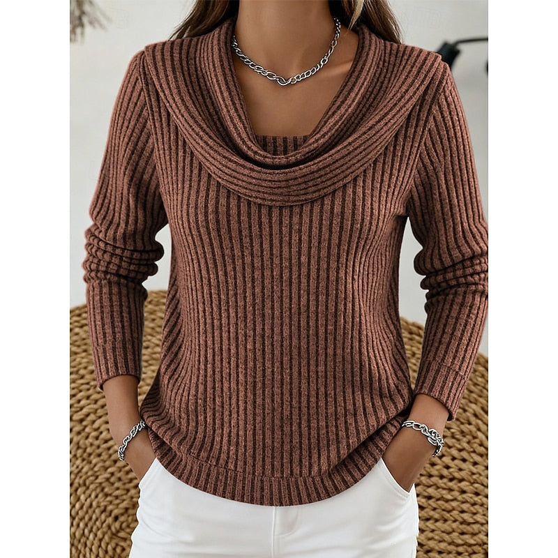 Cowl-Neck Ribbed Knit Top for Women - Casual Wear Sweater