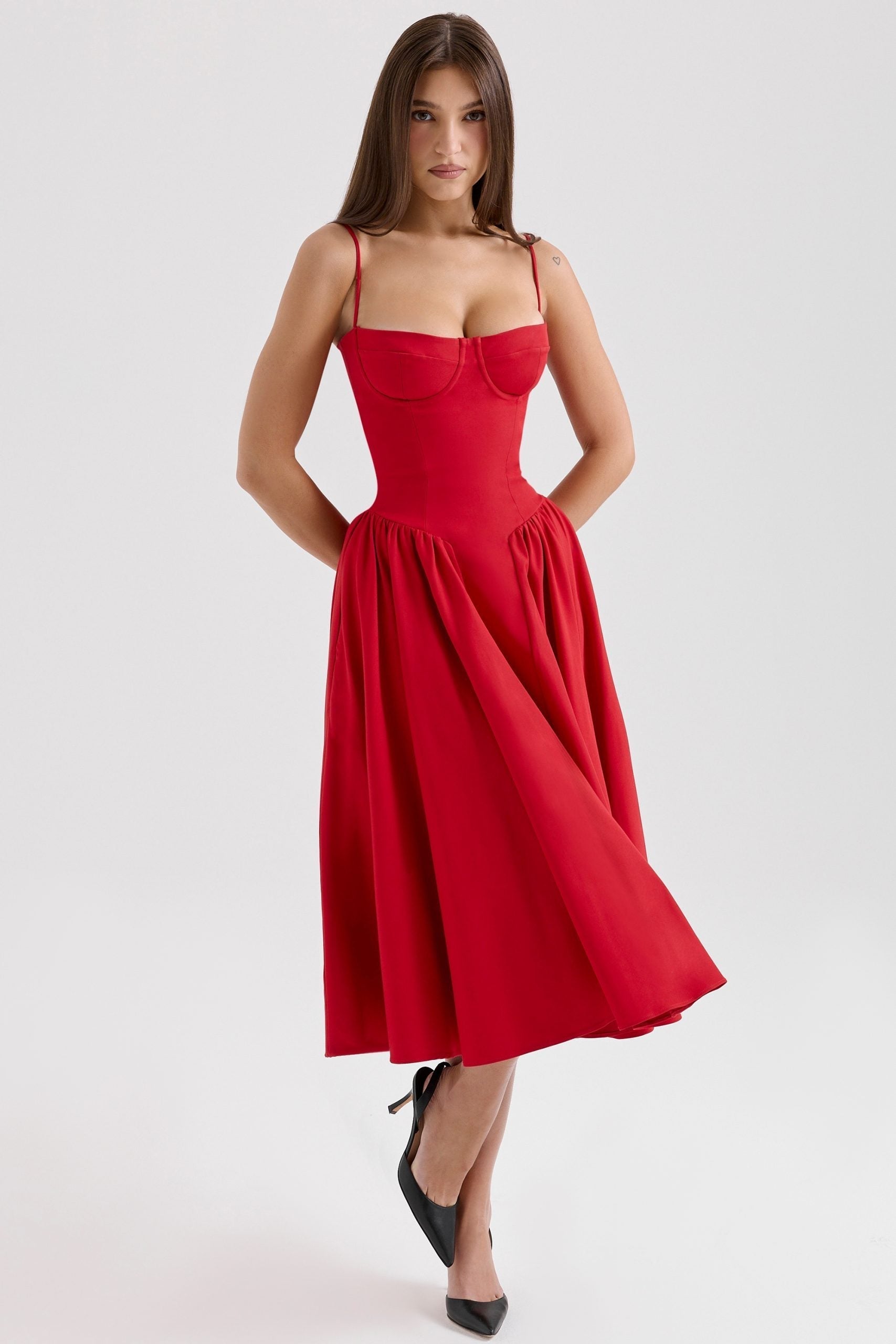 Red Corset Midi Dress Women UK – Evening Wear, Cocktail Occasion