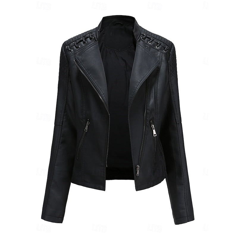 Sleek Faux Leather Biker Jacket for Women - Stylish Casual Outerwear