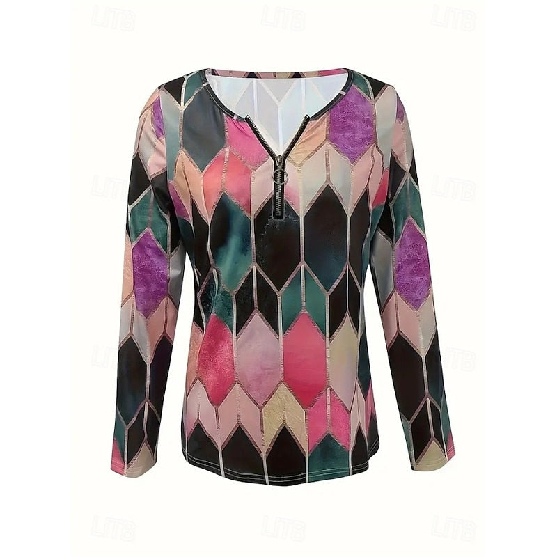 Floral Quarter-Zip Long Sleeve Top - Women's Casual Wear