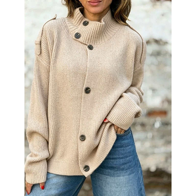 Buttoned Stand-Collar Cardigan for Women - Cozy Knit Layering Piece