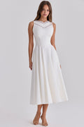 White Sculpted Stretch Cotton Midi Dress Women UK – Wedding Guest Garden Party Evening Gown, Cocktail