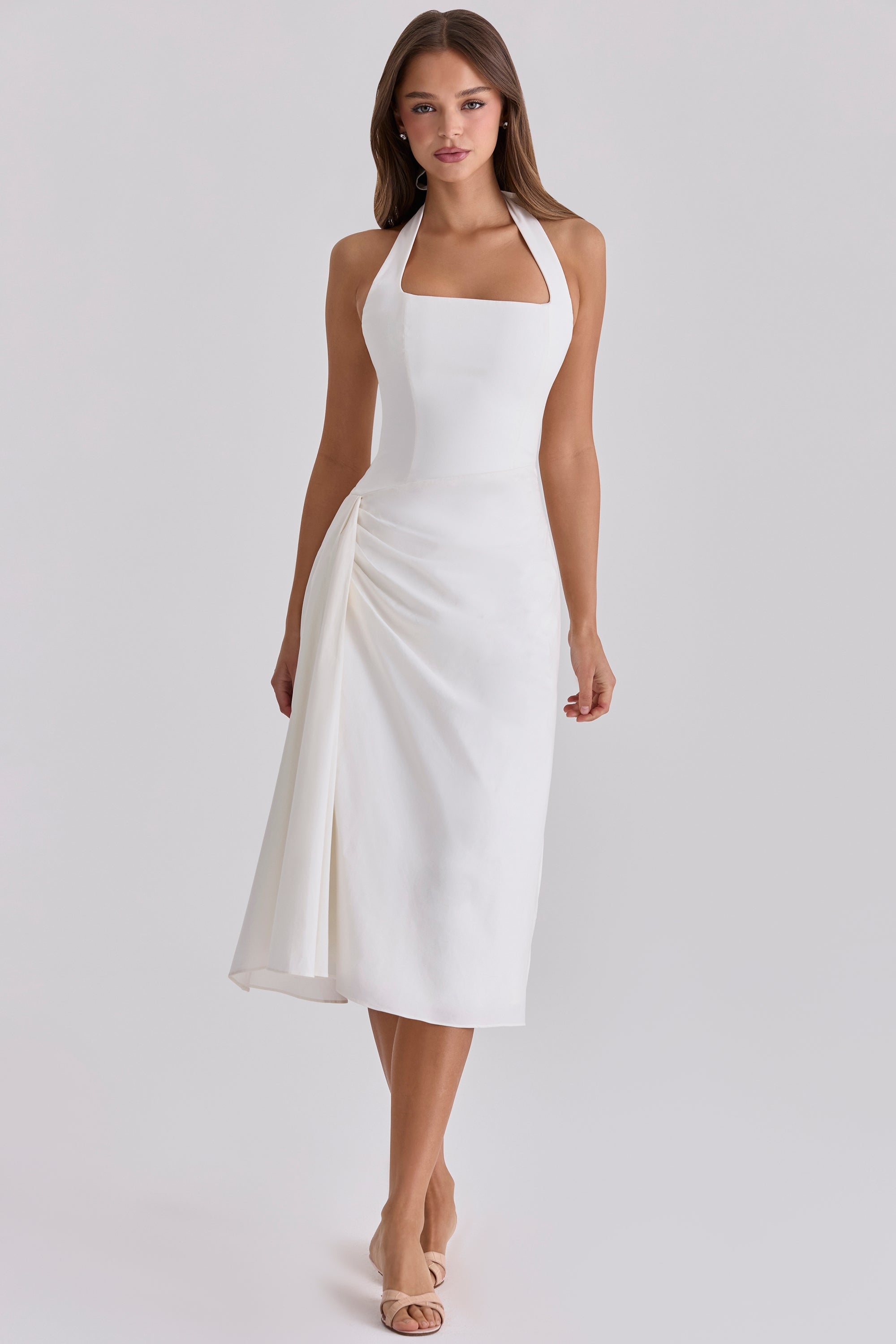White Sculpted Stretch Cotton Midi Dress Women UK – Wedding Guest Garden Party Evening Gown, Cocktail