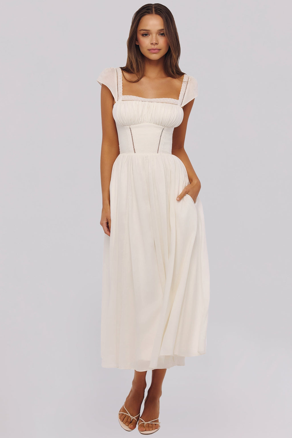 White Sculpted Stretch Cotton Midi Dress Women UK – Wedding Guest Garden Party Evening Gown, Cocktail