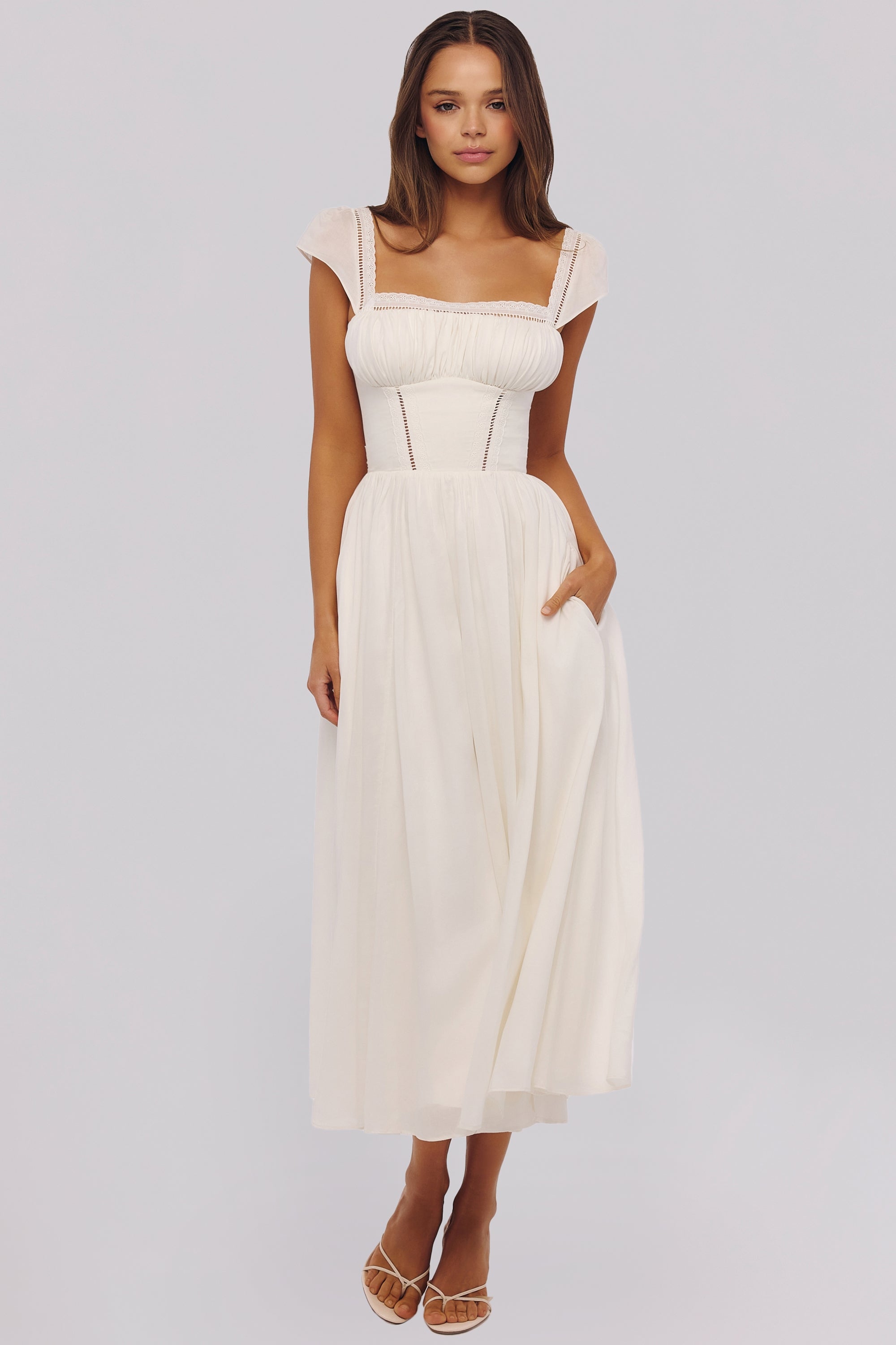 White Sculpted Stretch Cotton Midi Dress Women UK – Wedding Guest Garden Party Evening Gown, Cocktail