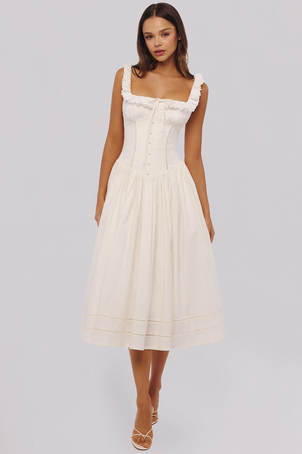 White Sculpted Stretch Cotton Midi Dress Women UK – Wedding Guest Garden Party Evening Gown, Cocktail