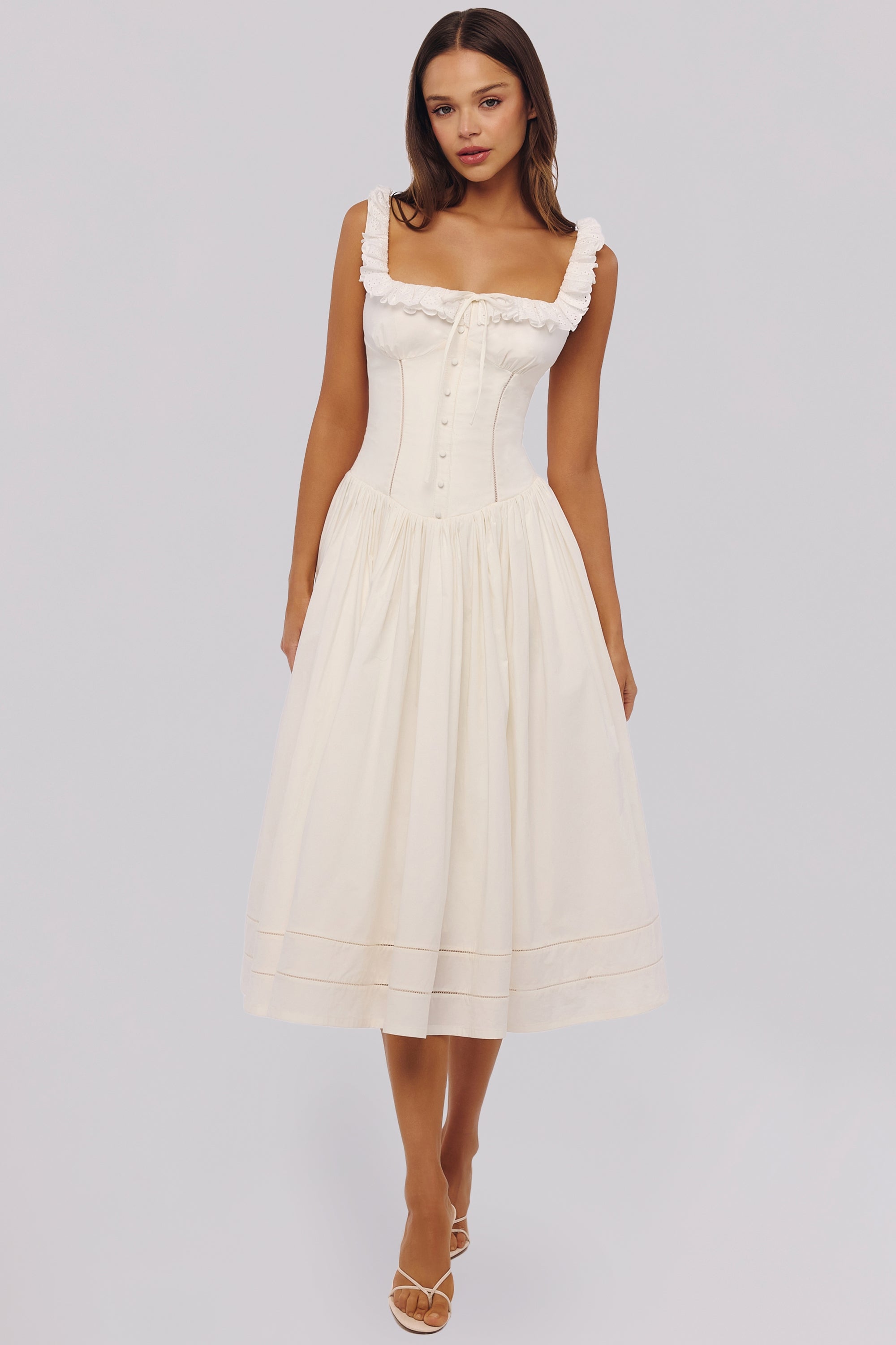 White Sculpted Stretch Cotton Midi Dress Women UK – Wedding Guest Garden Party Evening Gown, Cocktail