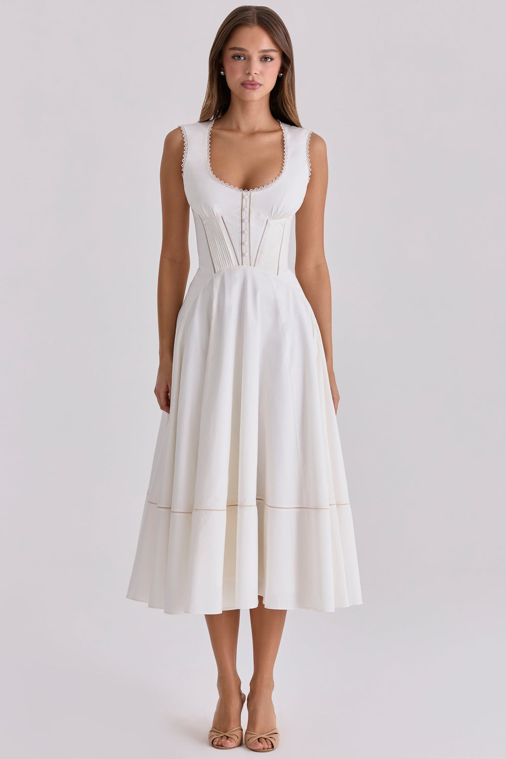 White Sculpted Stretch Cotton Midi Dress Women UK – Wedding Guest Garden Party Evening Gown, Cocktail