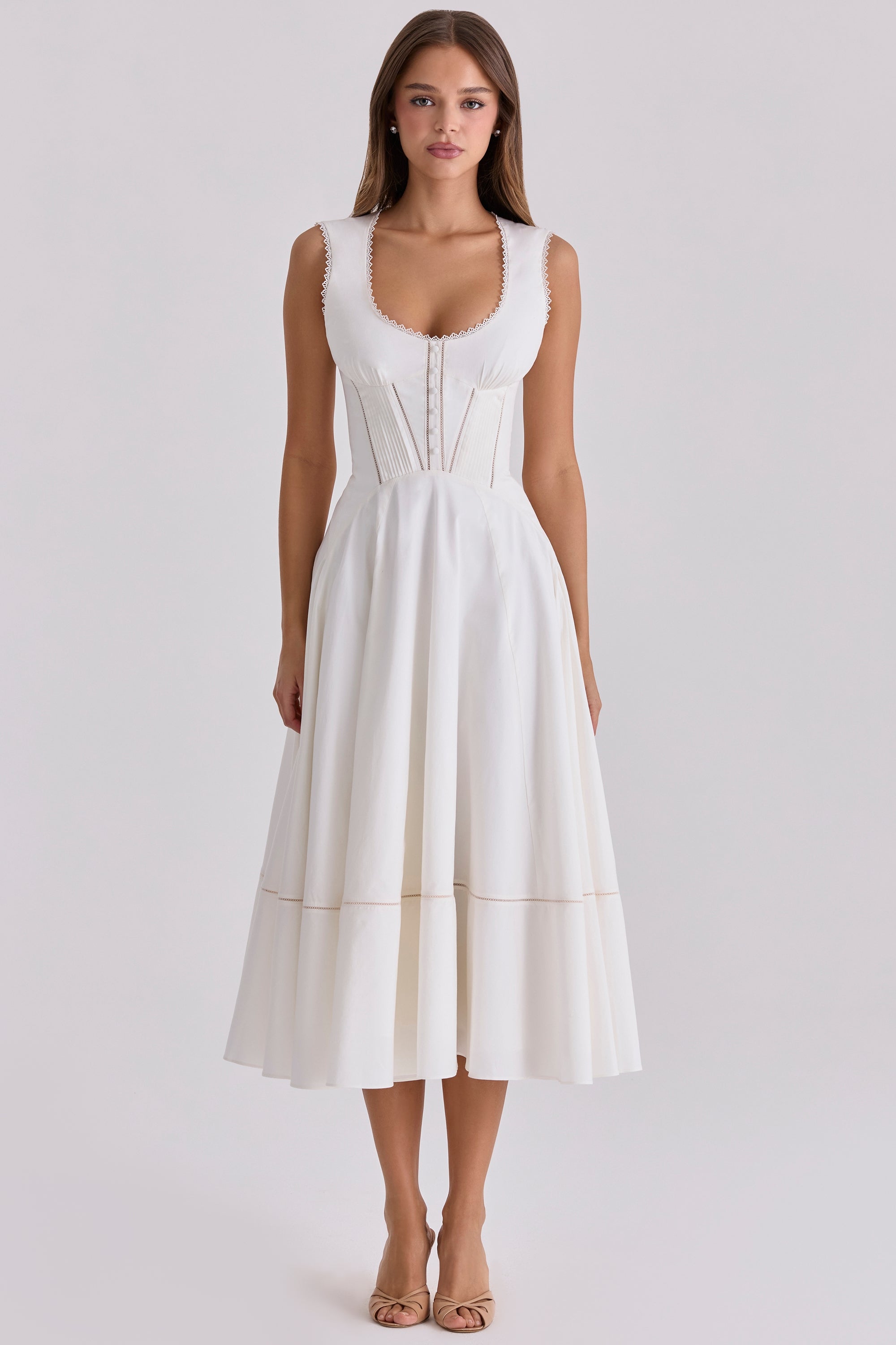 White Sculpted Stretch Cotton Midi Dress Women UK – Wedding Guest Garden Party Evening Gown, Cocktail