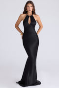 Black Satin Halter Maxi Dress Women UK – Evening Gown, Cocktail Occasion