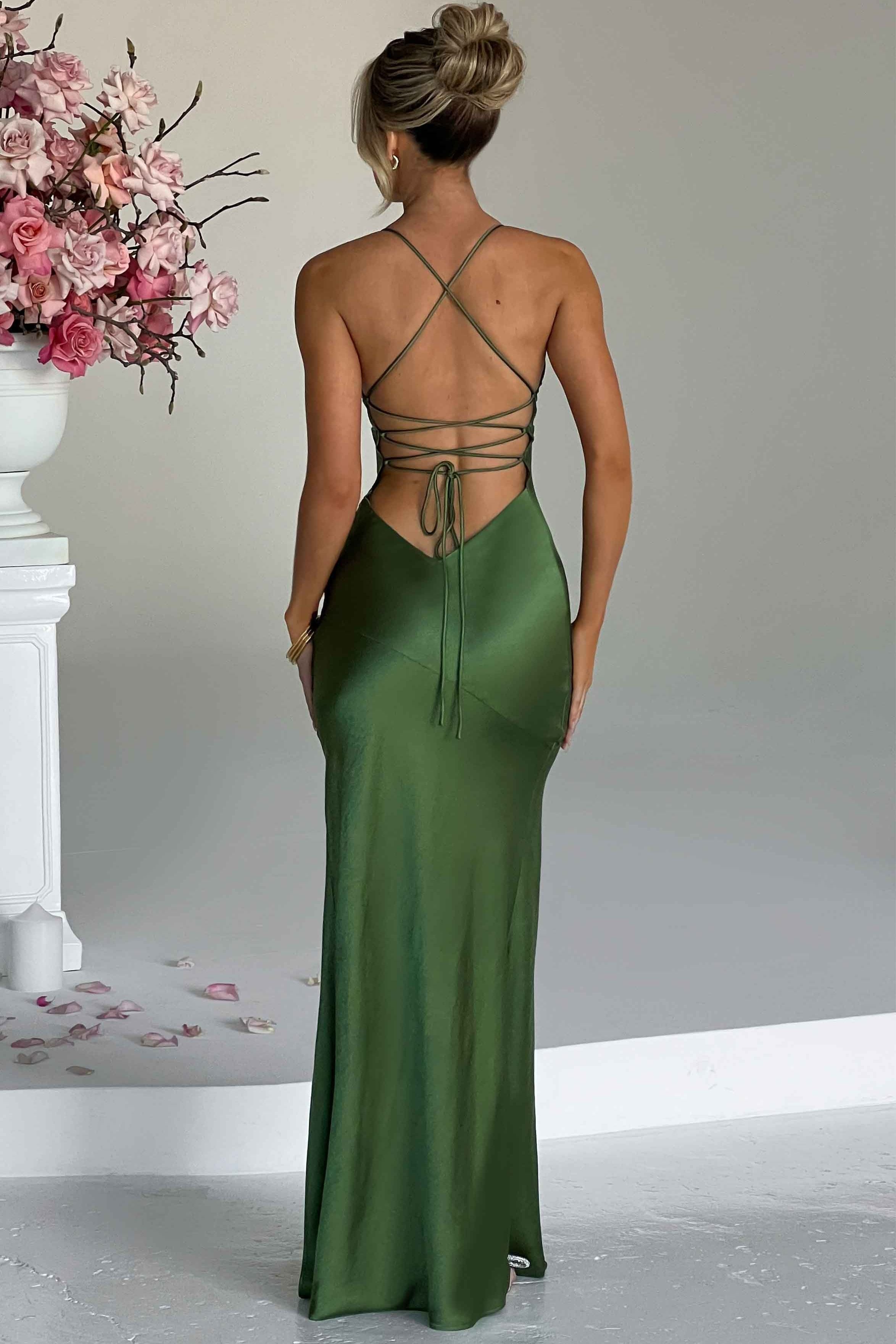 Satin Bias-Cut Maxi Dress Women UK – Plunging Neckline Evening Gown, Formal Occasion