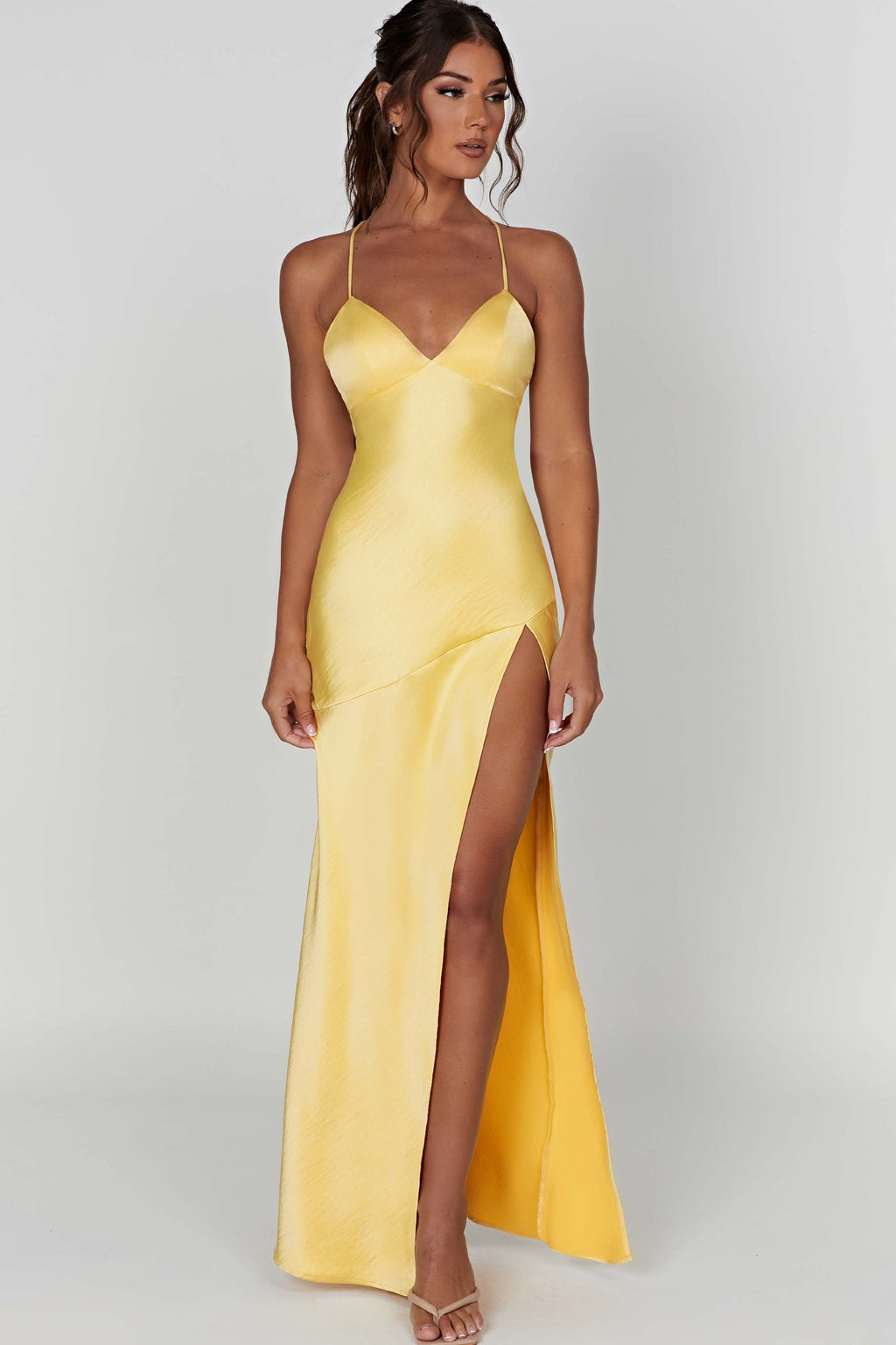 Satin Bias-Cut Maxi Dress Women UK – Plunging Neckline Evening Gown, Formal Occasion