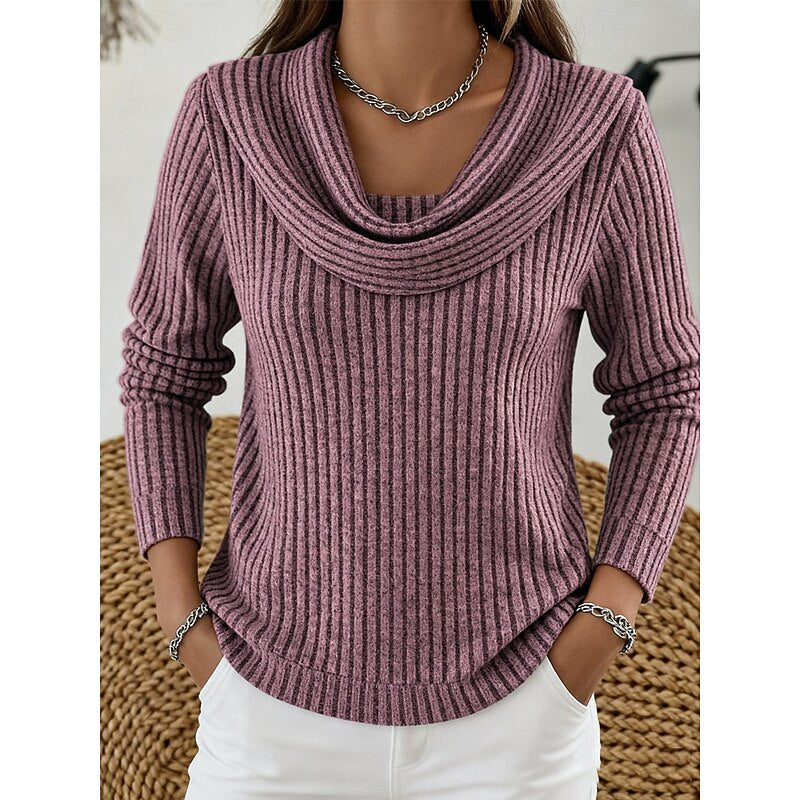 Cowl-Neck Ribbed Knit Top for Women - Casual Wear Sweater