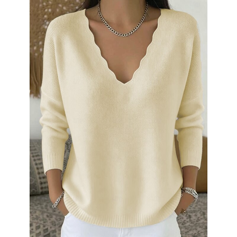 Scalloped V-Neck Halloween Pullover Sweater for Women, Cozy Casual Style