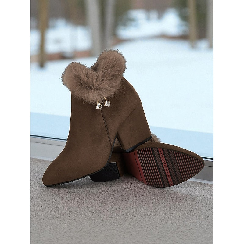 Fur-Trimmed Block Heel Ankle Boots for Women - Stylish Winter Footwear