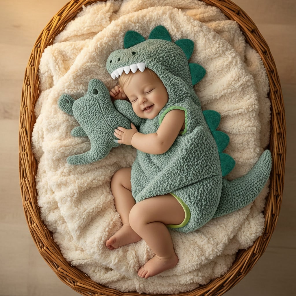 Toddler Dinosaur Costume Romper with Hood, Spikes, and Tail for Halloween
