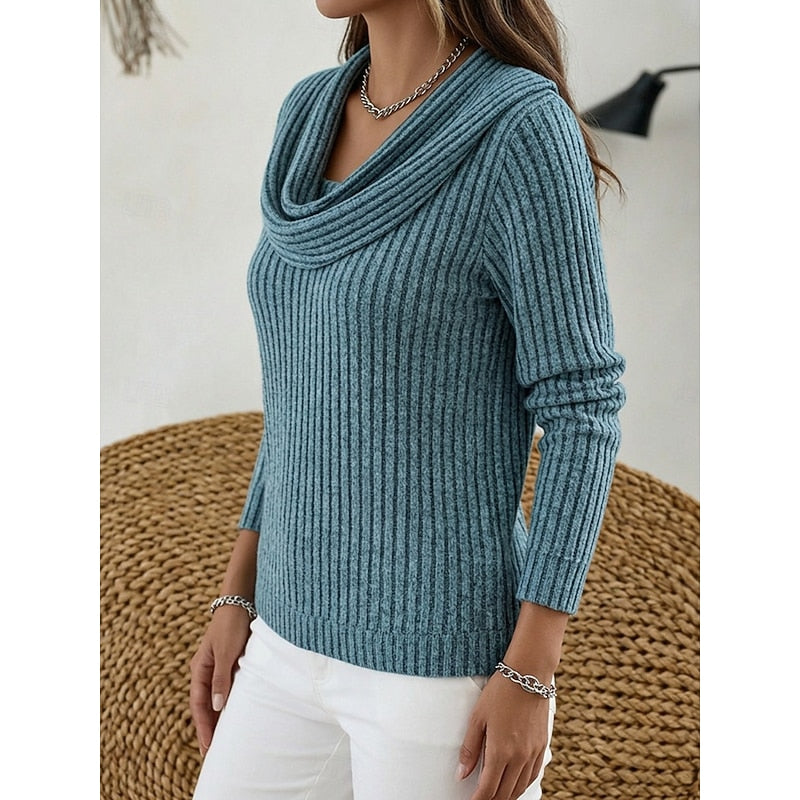 Cowl-Neck Ribbed Knit Top for Women - Casual Wear Sweater