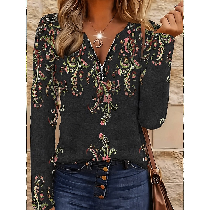 Floral Quarter-Zip Long Sleeve Top - Women's Casual Wear