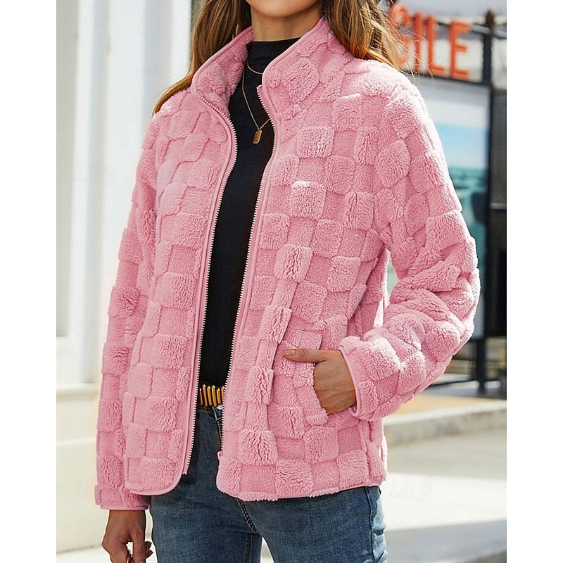 Textured Stand-Collar Zip Coat for Women - Stylish Outerwear for Casual Wear