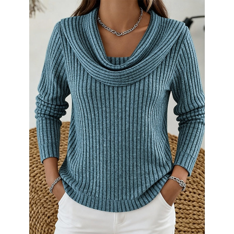 Cowl-Neck Ribbed Knit Top for Women - Casual Wear Sweater