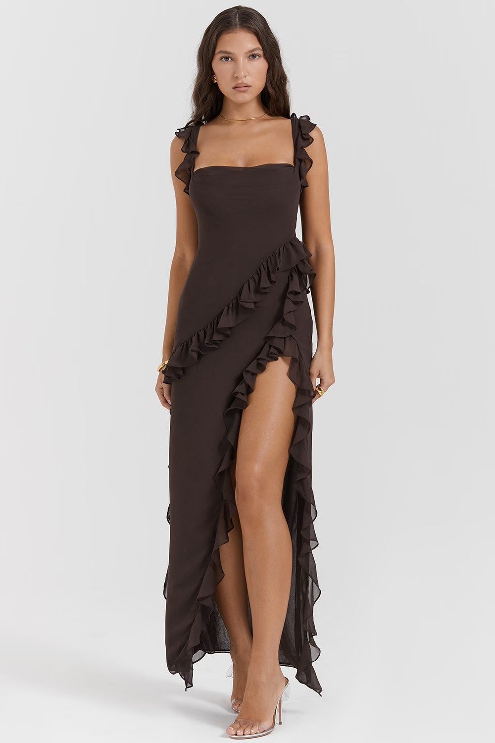 Square Neck Ruffle Maxi Dress with Thigh-High Slit for Evening Events