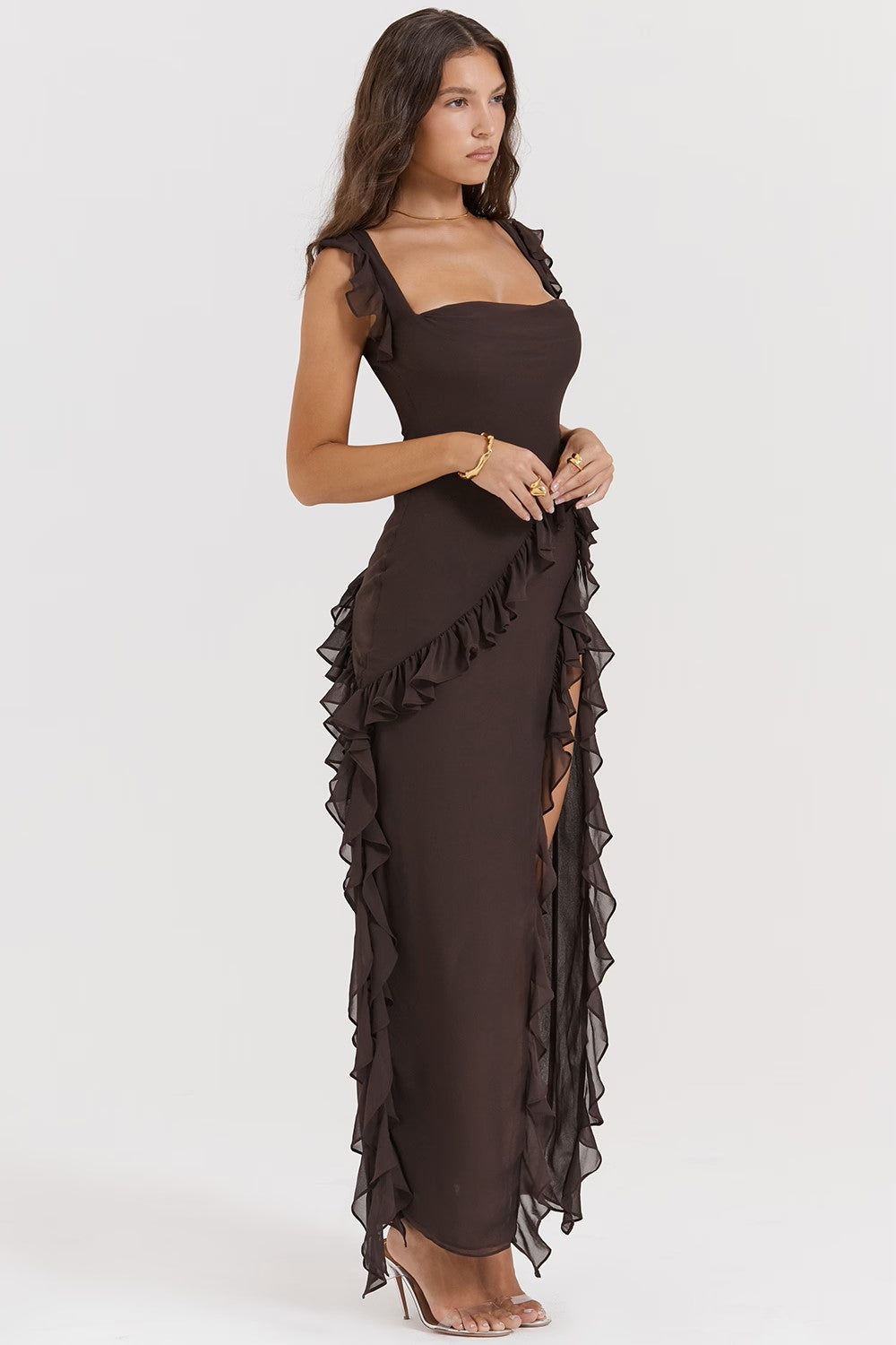 Square Neck Ruffle Maxi Dress with Thigh-High Slit for Evening Events