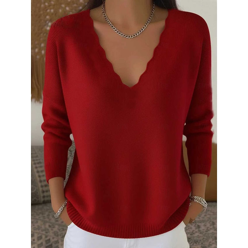 Scalloped V-Neck Halloween Pullover Sweater for Women, Cozy Casual Style