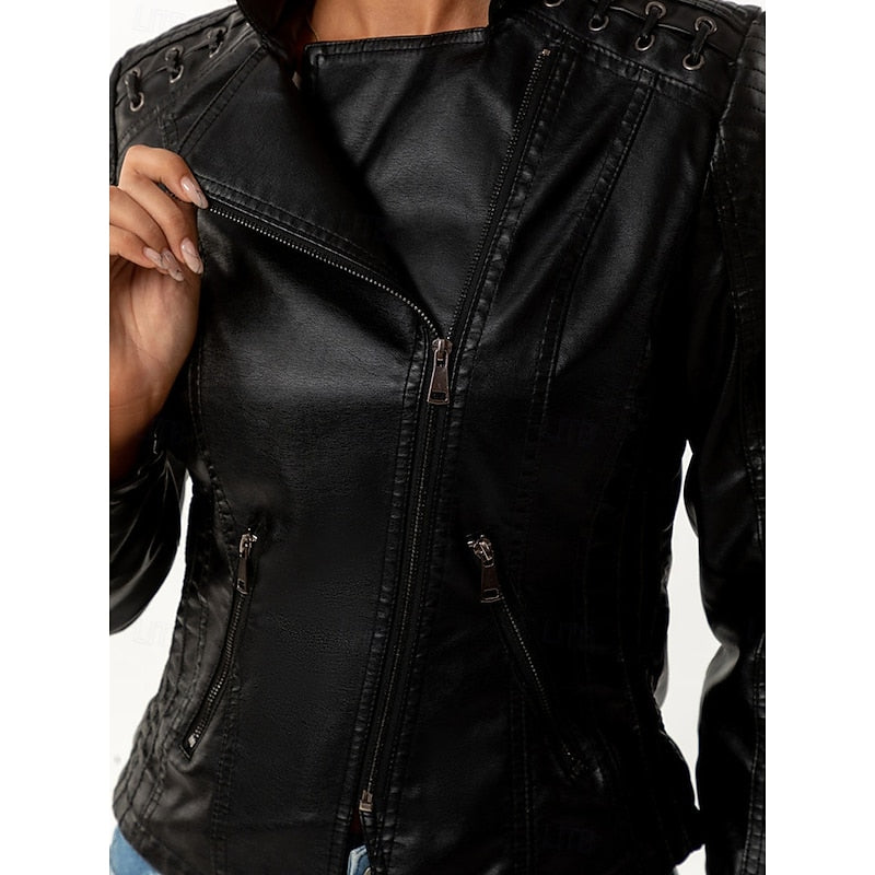 Sleek Faux Leather Biker Jacket for Women - Stylish Casual Outerwear