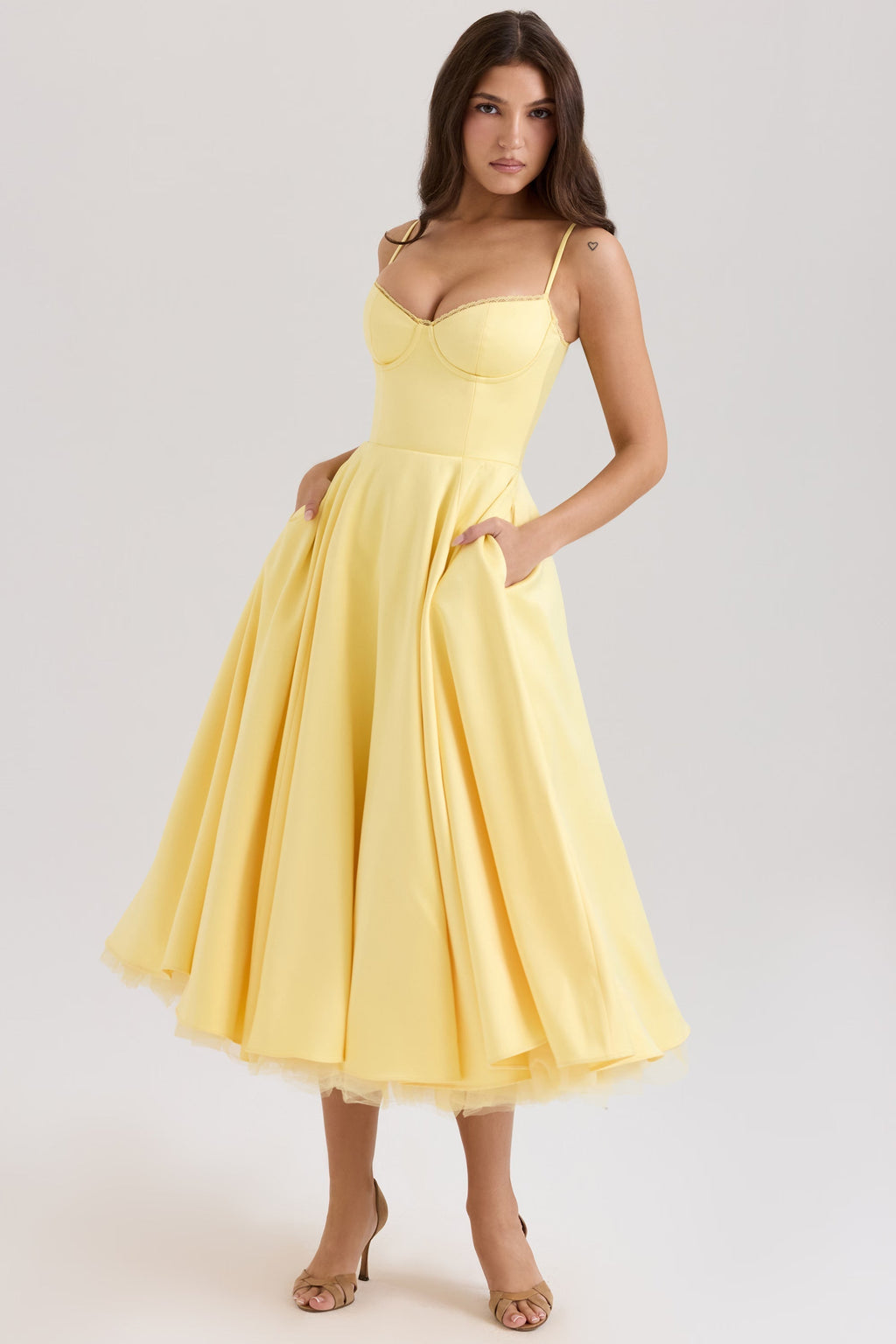 V-Neck Midi Dress with Sculpted Bodice Women UK – Wedding Guest Garden Party Evening Gown, Cocktail Attire
