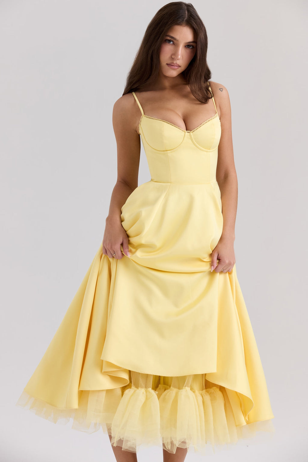 V-Neck Midi Dress with Sculpted Bodice Women UK – Wedding Guest Garden Party Evening Gown, Cocktail Attire